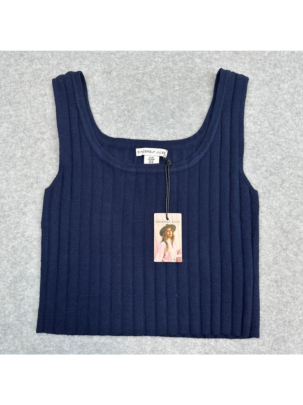 Sincerely Jules Crop Tank Top WMNS M Navy Blue Scoop Neck Rib-Knit Square Neck